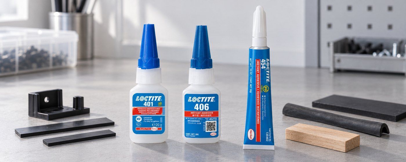 Моментальные клеи LOCTITE для разных задач склеивания LOCTITE 401, LOCTITE 406 и гель LOCTITE 454 рядом с образцами материалов