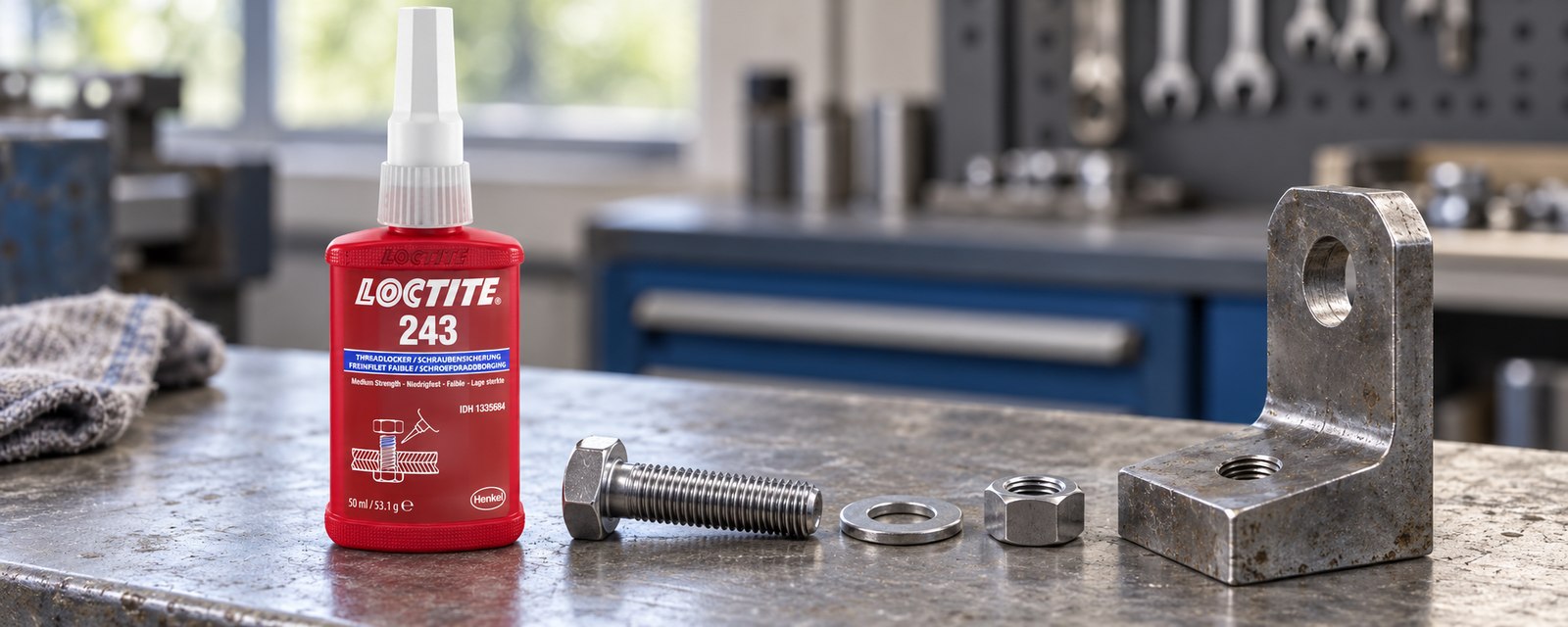 Фиксатор LOCTITE 243 рядом с подготовленным металлическим крепежом и резьбовым отверстием