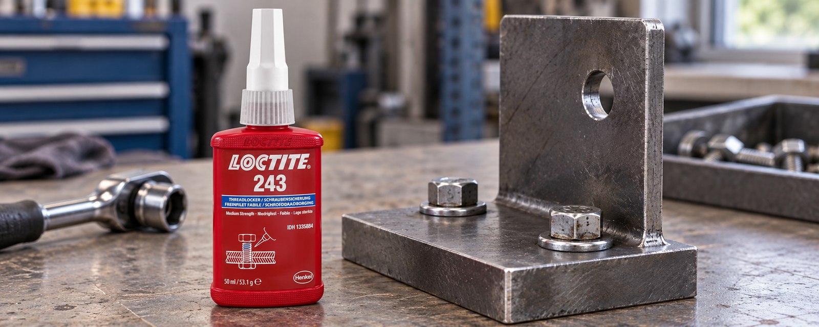 Собранный металлический кронштейн на выдержке рядом с флаконом LOCTITE 243